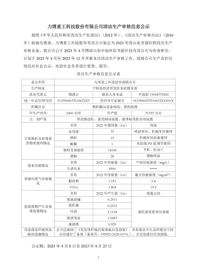 800力博重工科技股份有限公司2023年度清潔生產(chǎn)審核信息公示